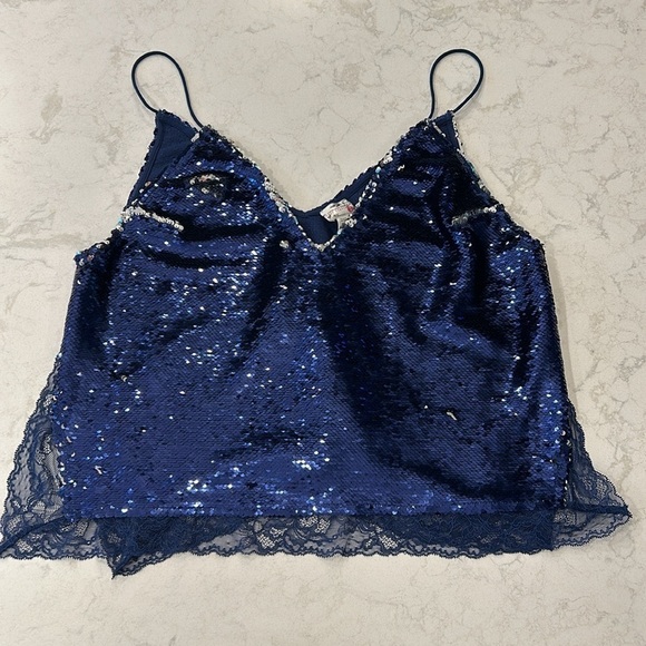 Free People Turn it On Swinging Sequins Lace Trimmed Tank Top Size Medium Blue - Picture 13 of 15